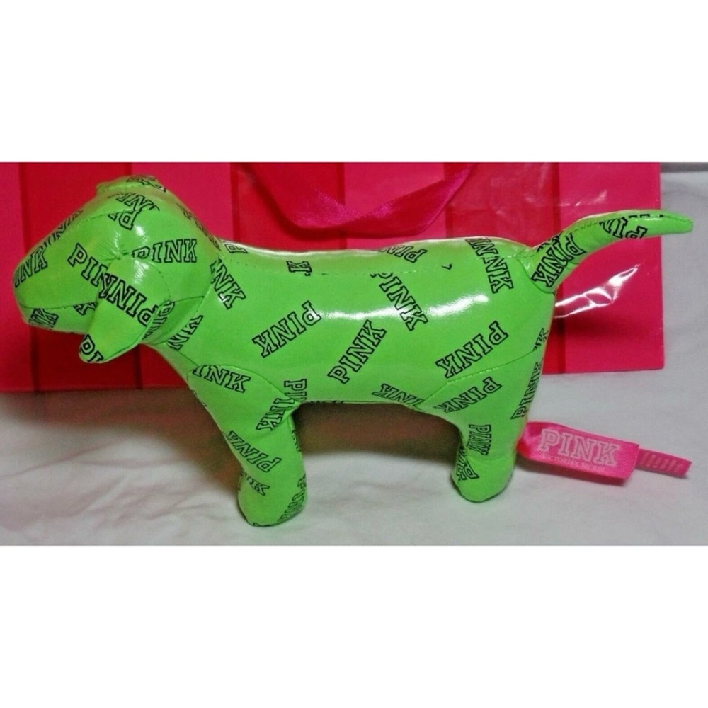 Victoria's Secret Pink 6" Dog Neon Green LOGO Plush Vinyl Stuffed Puppy Rare